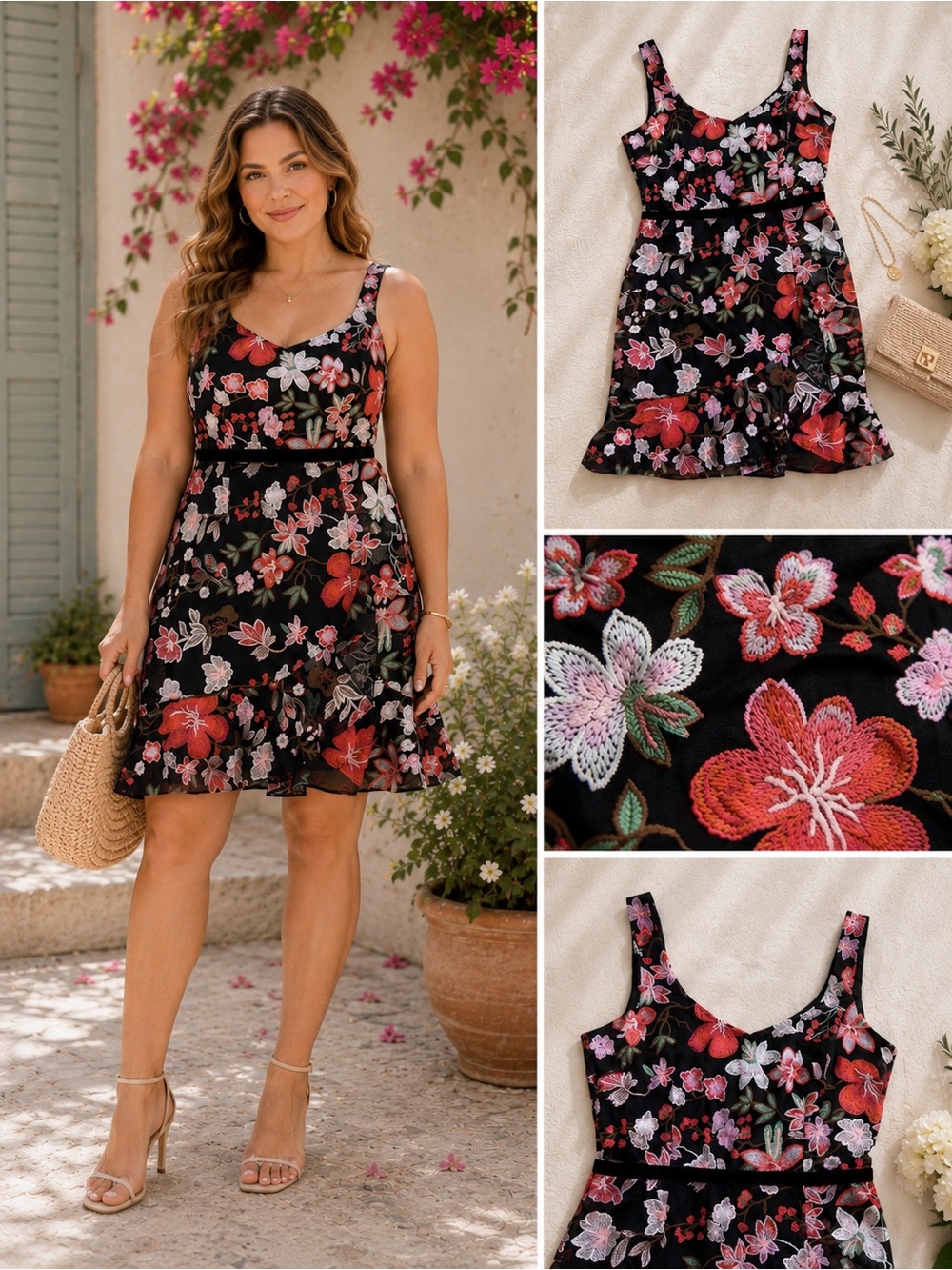 Sam Edelman Embroidered Mesh Dress Size 12 Floral V-Neck Velvet Waist Party
